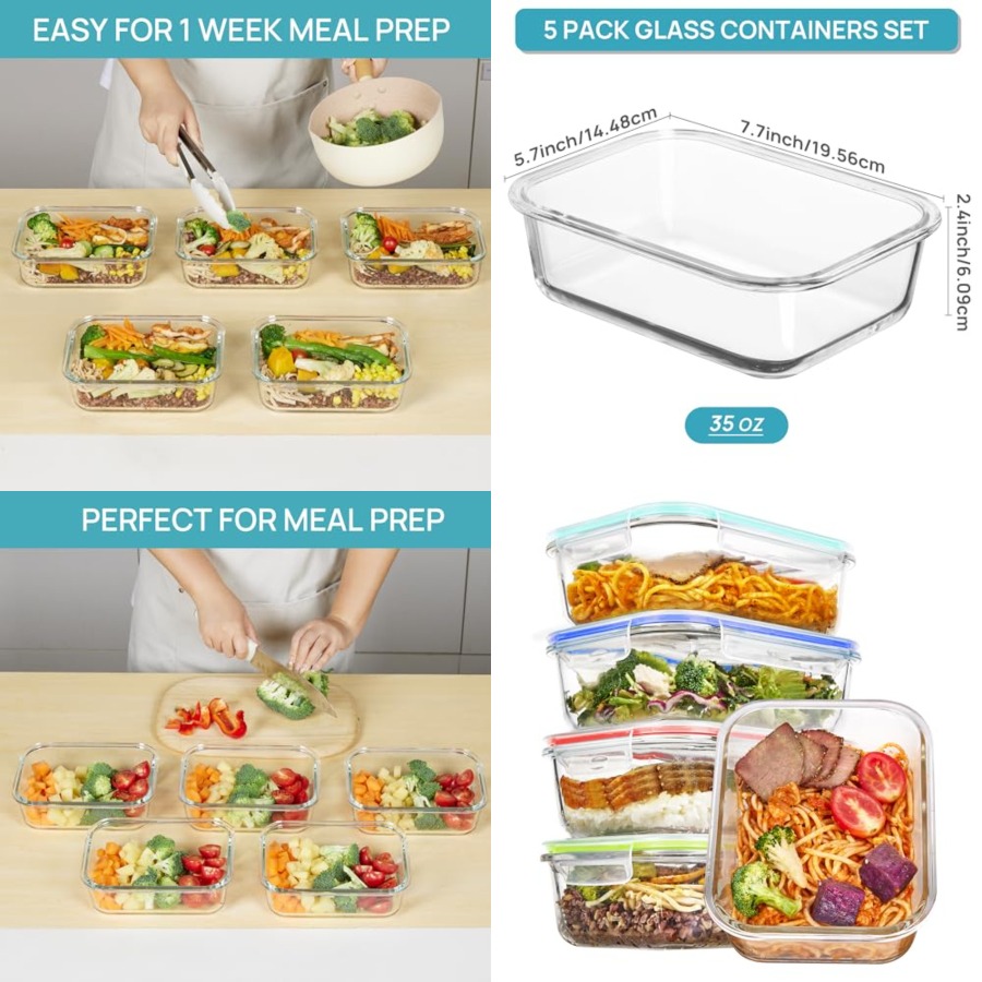 5 Pack Glass Food Storage Cont - Meal Prep Glass Containers Oven Safe recensie en prijs